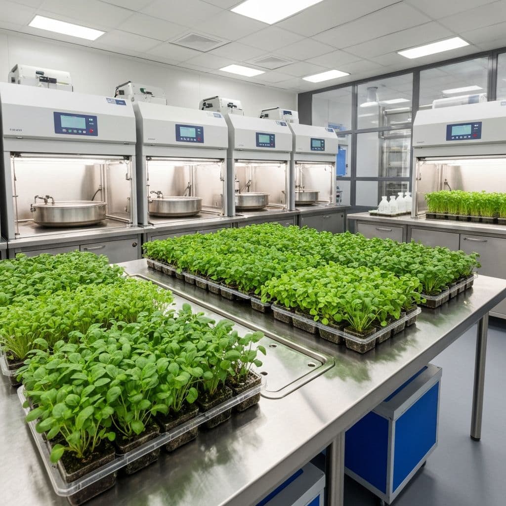 Plant tissue culture flasks in laboratory