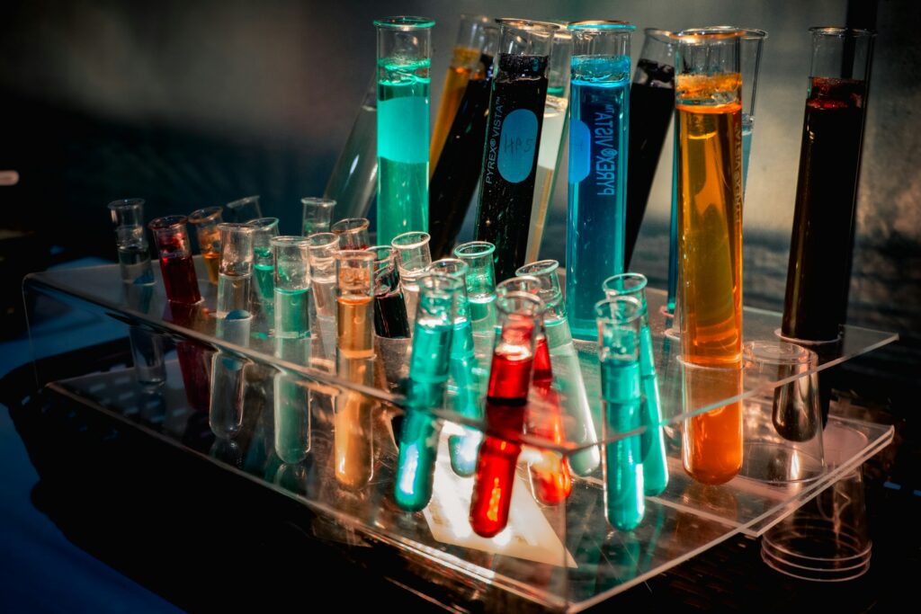 different chemicals in flasks